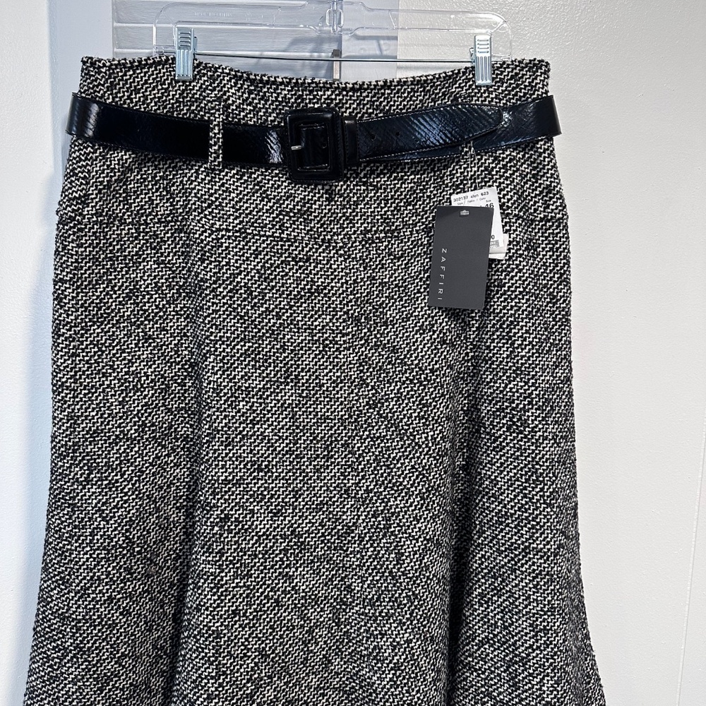 Zaffiri Black Cream Tweed A-Line Belted Skirt EU 46 US 16 NWT